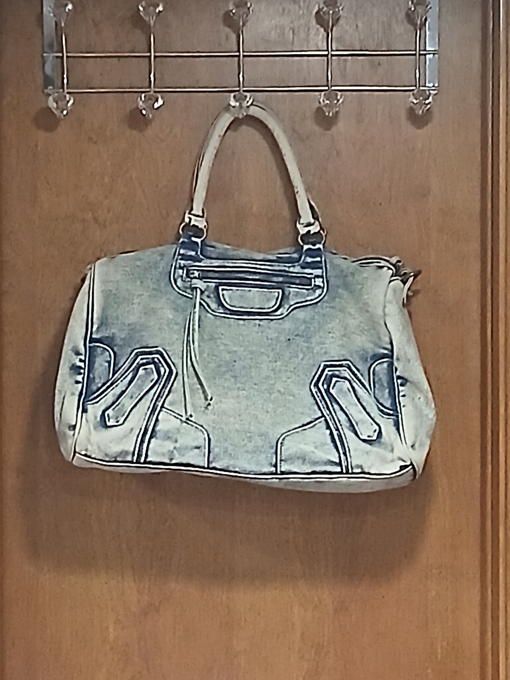Women’s Washed Denim Satchel Handbag - Cream/Blue